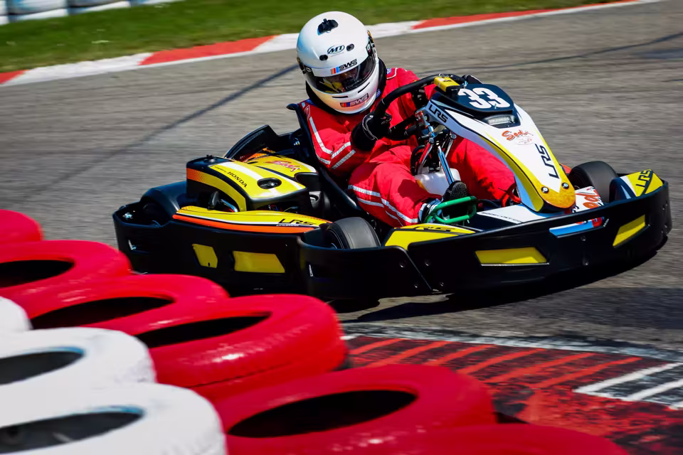 Go karting on the main 1.2km karting layout at Achna Speedway, Cyprus